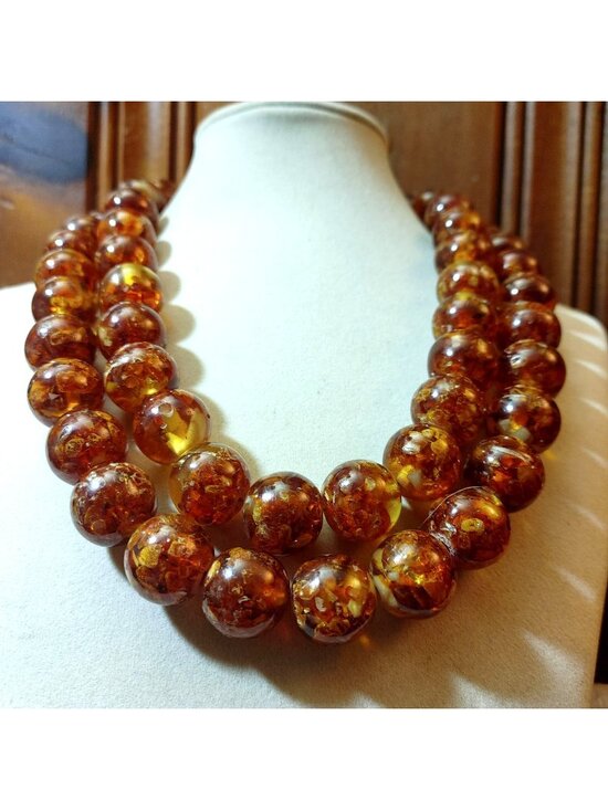 Unknown Jewelry - Double Strand Amber Bead Necklace Vintage Sterling Silver Clasp 206g 15mm Beads